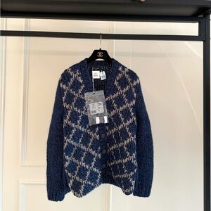 Authentic CHANEL Navy and Beige Open Knit Cardigan with Contrast Trim